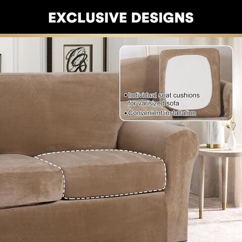PrinceDeco Velvet Couch Cover Loveseat Covers for 2 Cushion Couch 3 Piece Sofa Covers for Dogs Washable Loveseat Covers Width Up to 72 Inch No Slip Stretch Sofa Slipcover(Medium, Porcelain) in Kuwait