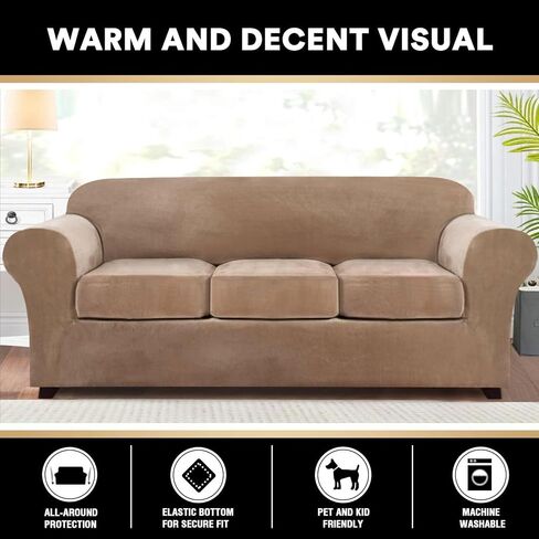 PrinceDeco Velvet Couch Cover Loveseat Covers for 2 Cushion Couch 3 Piece Sofa Covers for Dogs Washable Loveseat Covers Width Up to 72 Inch No Slip Stretch Sofa Slipcover(Medium, Porcelain) in Kuwait