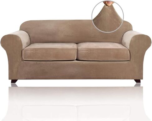 PrinceDeco Velvet Couch Cover Loveseat Covers for 2 Cushion Couch 3 Piece Sofa Covers for Dogs Washable Loveseat Covers Width Up to 72 Inch No Slip Stretch Sofa Slipcover(Medium, Porcelain) in Kuwait