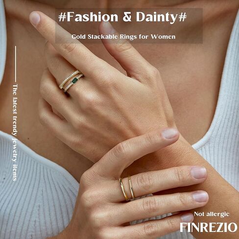 FINREZIO Gold Rings for Women Non Tarnish 14K Gold Cubic Zirconia Ring Set Thin Stacking Rings Statement Band Rings Gold Stackable Rings Size 5-11 4PCS in Kuwait