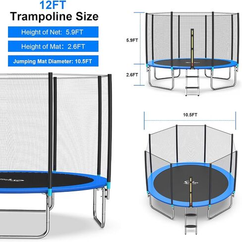 YSSOA 12FT Trampoline for Kids and Adults - Recreational Trampolines with Safety Enclosure, Wind Stakes, 400LBS Weight Capacity in Kuwait