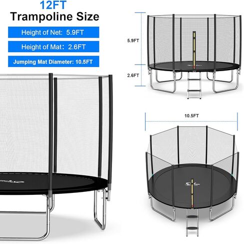 YSSOA 12FT Trampoline for Kids and Adults - Recreational Trampolines with Safety Enclosure, Wind Stakes, 400LBS Weight Capacity in Kuwait