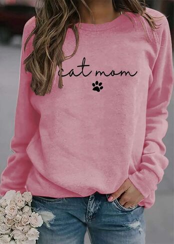 Kisswow Womens Cat Mom Shirts Long Sleeve Cute Graphic Tees Cat Mama Sweatshirt in Saudi Arabia