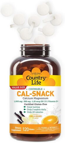 Country Life Cal-Snack، كالسيوم قابل للمضغ، مغنيسيوم مع فيتامين د، 1000 مجم/500 مجم/50 وحدة دولية، خالي من منتجات الألبان، نكهة الفانيليا والبرتقال، 120 رقاقة، خالي من الغلوتين، نباتي معتمد in Kuwait