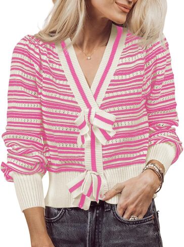 Saodimallsu Womens Striped Cropped Sweaters V Neck Cute Bow Tie Puff Sleeve Loose Knit Trendy Pullover Sweater in Saudi Arabia