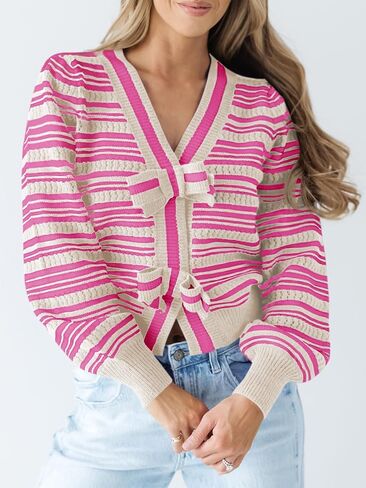 Saodimallsu Womens Striped Cropped Sweaters V Neck Cute Bow Tie Puff Sleeve Loose Knit Trendy Pullover Sweater in Saudi Arabia