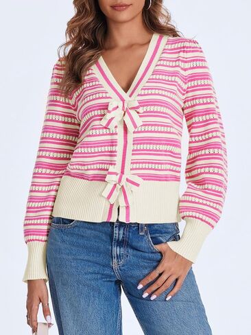 Saodimallsu Womens Striped Cropped Sweaters V Neck Cute Bow Tie Puff Sleeve Loose Knit Trendy Pullover Sweater in Saudi Arabia