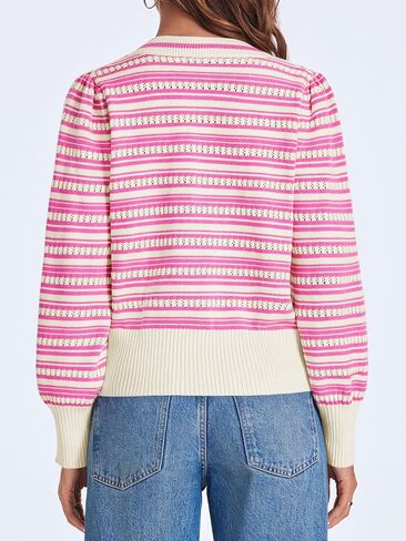 Saodimallsu Womens Striped Cropped Sweaters V Neck Cute Bow Tie Puff Sleeve Loose Knit Trendy Pullover Sweater in Saudi Arabia