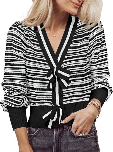 Saodimallsu Womens Striped Cropped Sweaters V Neck Cute Bow Tie Puff Sleeve Loose Knit Trendy Pullover Sweater in Saudi Arabia