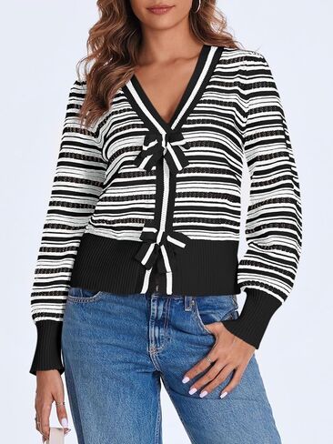 Saodimallsu Womens Striped Cropped Sweaters V Neck Cute Bow Tie Puff Sleeve Loose Knit Trendy Pullover Sweater in Saudi Arabia