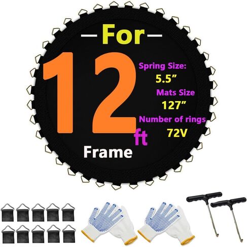 استبدال حصيرة الترامبولين يناسب إطار بطول 12 قدمًا يناسب مقاس 5.5 بوصة مع 72 حلقة على شكل حرف V، (قطر السجادة: 127 بوصة)، مع خطافين وقفازين غير قابلين للانزلاق، مجموعة 10 إبزيم حلقي مثلث in Kuwait