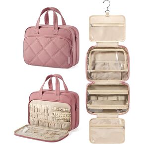 حقيبة أدوات الزينة المعلقة للنساء من باغسمارت، حقيبة أدوات الزينة المنتفخة للسفر مع منظم المجوهرات، حجرة حقيبة مكياج مستحضرات التجميل المقاومة للماء، مجموعة أدوات الزينة للسفر والإكسسوارات والأساسيات (M) in Kuwait