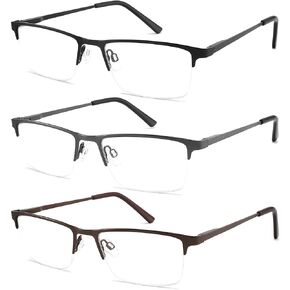 3 Pack Blue Light Blocking Reading Glasses Men Readers Anti Glare UV Metal Semi-frame Spring Hinge Lightweight Sturdy Trendy Eyeglasses 2.5+