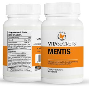 Vitasecrets Mentis Memory & Cognition Support Supplement - Concentration, Clarity, Cognitive Enhancement - Vitamins B6, B12, Ashwaganda, Gingko Biloba| Gluten and GMO Free, 90 Capsules
