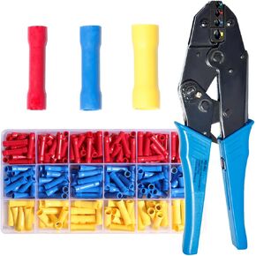 Butt Splice Crimp Connectors Insulated Electrical Straight Wire Terminal 22-10 AWG Crimping tool Marine Automotive Terminals Assortment Kit PVC Kits Yellow/Blue/Red