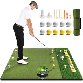 Premium Dual-Turf Golf Mat with Ball Tray, 5x4 FT Golf Hitting Mats Practice Outdoor Indoor Equipment with 10 Golf Balls, 9 Golf Tees, Golf Aid Training Swing Chipping Mat, Gifts for Men,Boy,Golfers