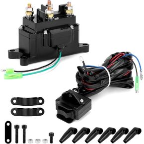 QWORK 12V 250A Winch Solenoid Relay Contactor, Compatible with ATV/UTV | 2000-5000 lbs Winch, with Rocker Thumb Switch Kit & Protecting Caps, High Durability, Easy Installation