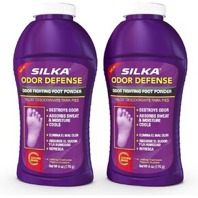Silka Foot Powder & Shoe Deodorizer: Odor-Fighting with Corn Starch, Talc, Cooling Beads, Absorbs Sweat & Moisture for Lasting Freshness - 6 Oz (Pack of 2)
