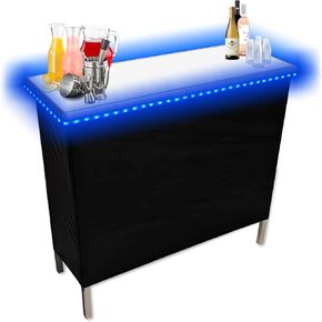PARTYPONG Folding Portable Party Bar w/Patended LED Lights, Black & Hawaiian Bar Skirts, Storage Shelf, & Carrying Case