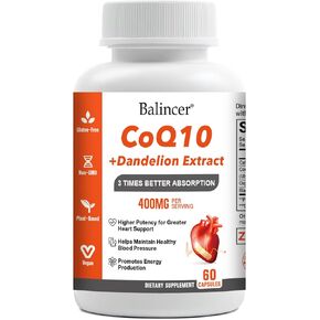 CoQ10 400mg 3 Times Absorption Coenzyme Q10 Powerful-Antioxidant Supplement with Organic Dandelion Root & Black Pepper, Support Heart Health & Energy Production, 60 Veggie Capsules