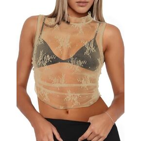 Buauty Lace Mesh Tops See Through Cropped Top Sheer Mesh Sleeveless Tank Shirt Mock Neck Ruched Side Floral Layering Tee Y2K