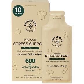 Propolis Stress Support Liposomal by Beekeeper's Naturals, 600mg, Ashwagandha + L-theanine, Anti-Stress Support for More Calm & Relaxation,30ct.