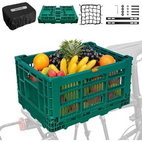 RAYMACE Bike Basket Rear, Foldable Bicycle Basket, Rear Bike Basket Large Capacity, Bike Baskets with Rainproof Cover & Cargo Net for Daily Shopping,Outings,Dogs Bike Accessories