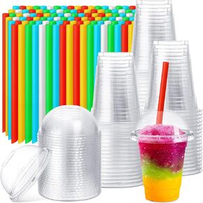Lallisa 100 Sets Clear Plastic Cups with Dome Lids and Colorful Straws, Disposable Clear PET Plastic Cups Beverage Cups for Party Iced Coffee Cold Drinks Juice Milkshake Smoothie Tea Dessert (24 oz)