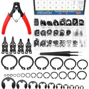 Glarks 312Pcs 65Mn-Steel Circlip Snap Retaining Clip and E-Clip Assortment with Snap Ring Plier Set, 4MM-28MM C-Clip External Retaining Rings and 1.5MM-10MM E-Ring Circlip Rings and A Tweezer