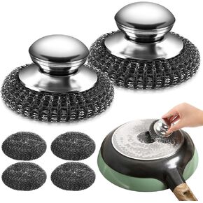 2Pcs Stainless Steel Wool Scrubber with Handle and 4 Replacement Wire Pads, Steel Scrubbing Brushes Pot Scrubbers, Kitchen Cleaning Supplies for Pots, Pans, Grill, Stoves, Sink
