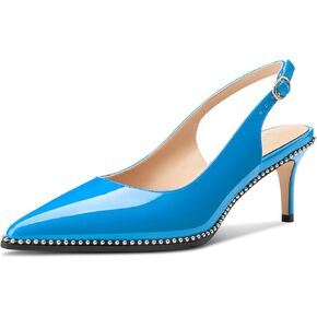 HDEUOLM Womens Mid Kitten Heel Pointed Toe Beaded Sandals Pumps Slingback Wedding Cute Patent Leather Summer 2.4 Inches Heels