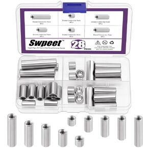 Swpeet 28Pcs 5 Sizes Metric M6 X 1.0-Pitch X 8mm/15mm/25mm/30mm/40mm Length 304 Stainless Steel Round Connector Nuts Coupling Nuts Assortment Kit, Female Thread for Camera Pan, Lamp Bracket