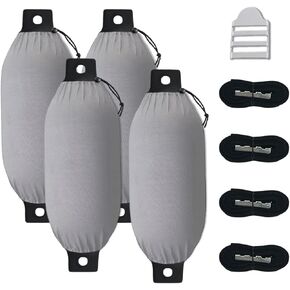 Boat Fender Cover 6" x 18" Grey 600D 4-Pack Marine Fender Covers Bumper Covers for Center Rope Tube Style Fenders, Durable Polyester (Boat Fender Not Included)