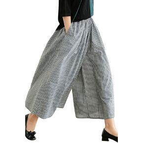 Women's Cotton Linen Wide Leg Culottes Pants Elastic Waist Plaid Gingham Capri Palazzo Pants
