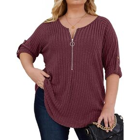 Zamowoty Plus Size Tops for Women 3/4 Roll Sleeve Shirts V Neck Zipper Solid Color Lightweight Blouses Tunic Top in Kuwait