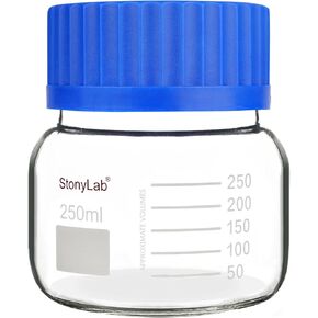 stonylab Graduated Storage Bottle, Premium Glass Round Bottom Reagent Bottle with GL80 Screw Cap, High Transparency Wide Mouth Media Storage Bottle with Clear Scale, 250 ml