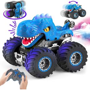 Dinosaur Remote Control Car for Kids, 2.4GHz 360° Rotating RC Monster Truck Toys for Boys Girls Age 4-7 with Spray, Light & Sound, All Terrain Stunt Cars with 2 Batteries, Birthday Gifts for Kids 6-12