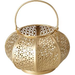 Chubby Belly Candle Lantern, Moroccan, Metal, Daisy Lattice Work, Hurricane for Votives and Tea Lights, Gold, 9 D x 7 H Inches