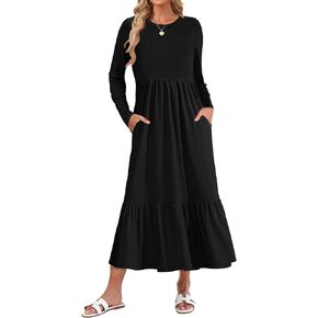 AUSELILY Womens Fall Dresses 2024 Long Sleeve Maxi Dress Casual Crewneck Flowy Tiered Wedding Guest Dress with Pockets