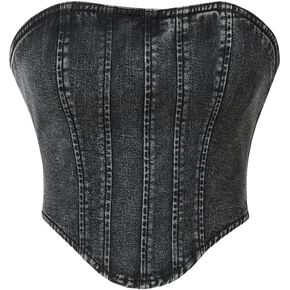 Milumia Women's Hanky Hem Denim Tube Top Zipper Back Strapless Corset Crop Tops