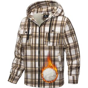 Mens Flannel Hoodie Plaid Jacket Fleece Sherpa Lined Full Zip Up Sweatshirt Winter Hooded Shirts Coat with 4 Pockets