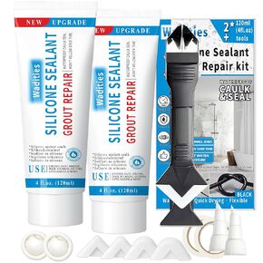 8Oz Black Waterproof Caulk & Seal Silicone Sealant, Wadities Tile Grout Repair Kit with Grout Remove Scraper, Shrink & Crack Proof for Bathroom, Shower, Kitchen, Floor (4Oz, Pack of 2)
