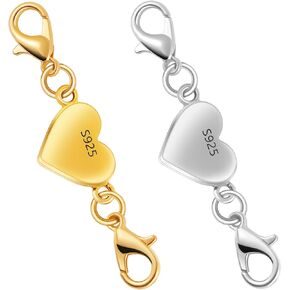 925 Silver Heart-Shaped Magnetic Necklace Clasps and Closures, Magnetic Clasp Converter for Jewelry Making Supplies,Chain Extender Connector for Necklace Bracelet (2pcs Silver)