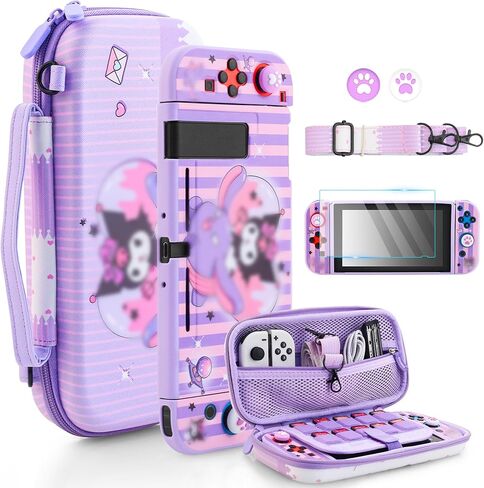 موضوع أساسي لحقيبة حمل Kuromi لجهاز Switch OLED، مجموعة ملحقات أرجوانية مقاومة للصدمات مع غطاء لطيف للسفر OLED، غلاف حماية صلب من البولي كربونات، واقي شاشة، حزام كتف وغطاءين للإبهام in Kuwait