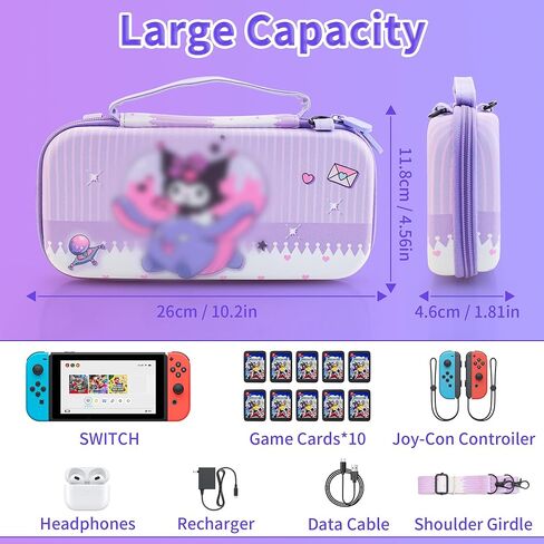 موضوع أساسي لحقيبة حمل Kuromi لجهاز Switch OLED، مجموعة ملحقات أرجوانية مقاومة للصدمات مع غطاء لطيف للسفر OLED، غلاف حماية صلب من البولي كربونات، واقي شاشة، حزام كتف وغطاءين للإبهام in Kuwait