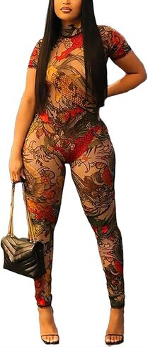 المرأة مثير Bodycon بذلة - انظر من خلال شبكة قطعة واحدة الزي نادي الحزب الصيف طباعة الجسم البدلة عارية الذراعين Pantsuit in Saudi Arabia