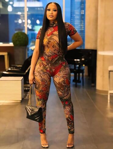 المرأة مثير Bodycon بذلة - انظر من خلال شبكة قطعة واحدة الزي نادي الحزب الصيف طباعة الجسم البدلة عارية الذراعين Pantsuit in Saudi Arabia
