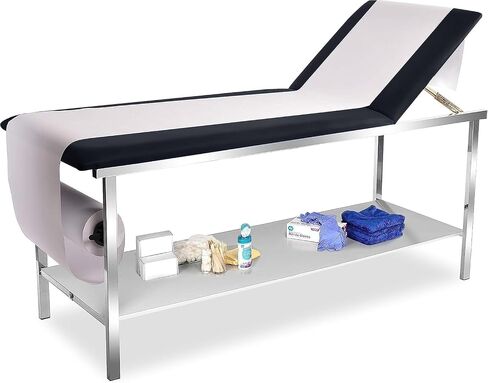 Advanced Examination Bed with Lower Storage Compartment and Paper roll Dispenser - Inspection Table/Adjustable backrest/Stirrups/Black/Stainless Steel. in Saudi Arabia