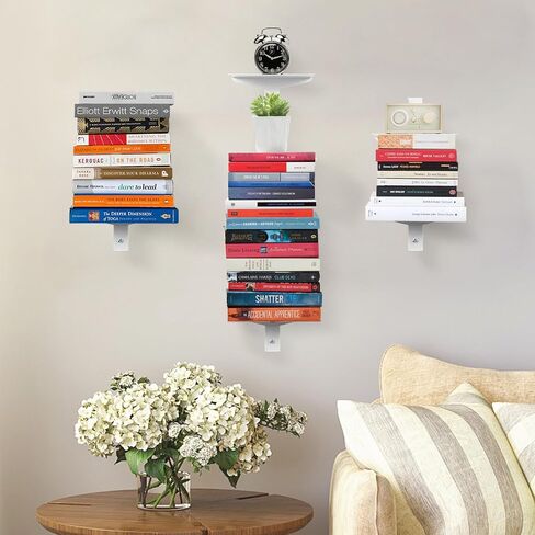 Invisible Floating Bookshelf for Wall, 4 Tier Vertical Spine Bookshelves for Wall, Heavy-Duty Metal Vertical Bookshelf for Home Office, Floating Bookshelf Vertical 2 Pack White in Saudi Arabia