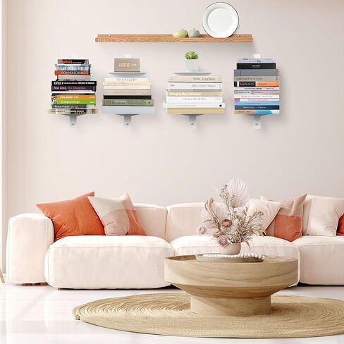 Invisible Floating Bookshelf for Wall, 4 Tier Vertical Spine Bookshelves for Wall, Heavy-Duty Metal Vertical Bookshelf for Home Office, Floating Bookshelf Vertical 2 Pack White in Saudi Arabia